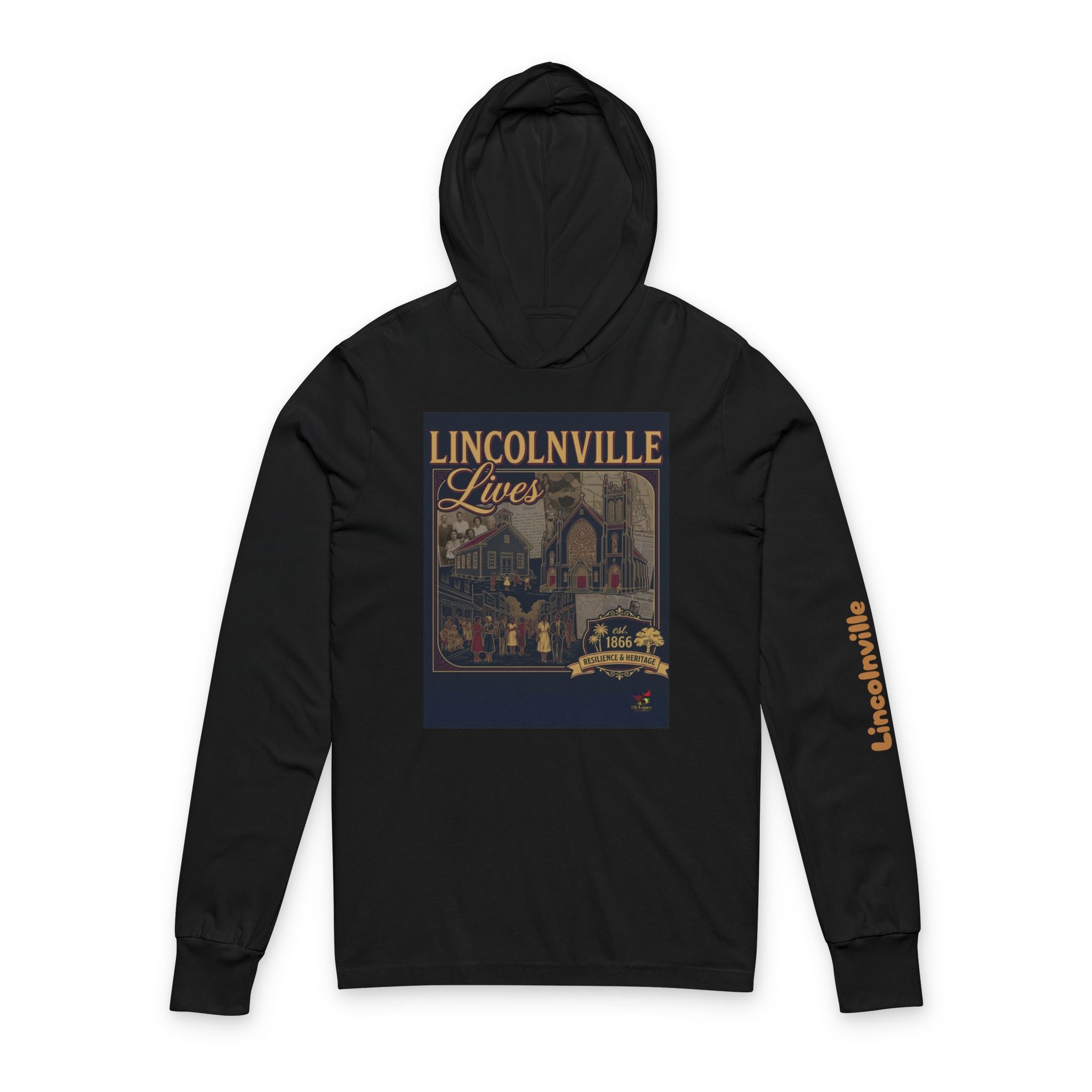Lincolnville Lives Hoodie Tee — Vintage Lincolnville Travel Poster Long-Sleeve Hooded Shirt